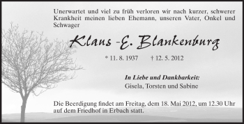 Traueranzeige von Klaus-E. Blankenburg von Odenwälder Echo