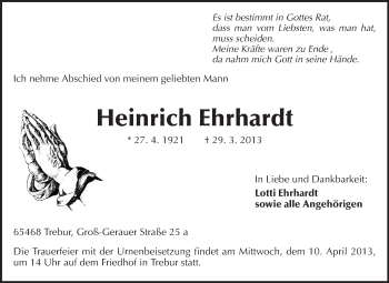 Traueranzeige von Heinrich Ehrhardt von Rüsselsheimer Echo, Groß-Gerauer-Echo, Ried Echo