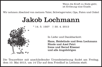 Traueranzeige von Jakob Lochmann  von Rüsselsheimer Echo, Groß-Gerauer-Echo, Ried Echo