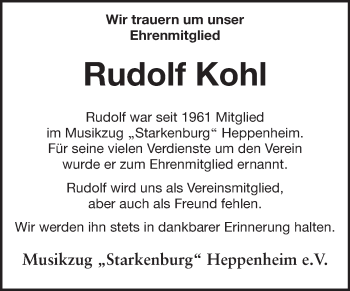 Traueranzeige von Rudolf Kohl von Starkenburger Echo