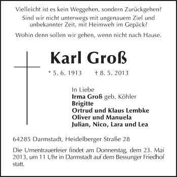 Traueranzeige von Karl Groß von Echo-Zeitungen (Gesamtausgabe)