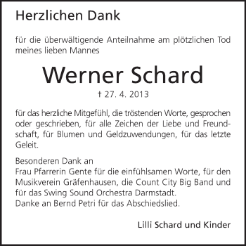 Traueranzeige von Werner Schard von Echo-Zeitungen (Gesamtausgabe)