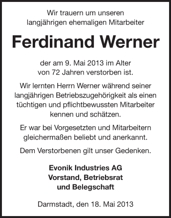 Traueranzeige von Ferdinand Werner von Echo-Zeitungen (Gesamtausgabe)