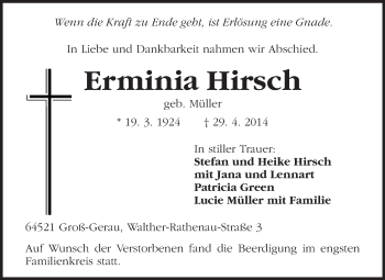 Traueranzeige von Erminia Hirsch von Rüsselsheimer Echo, Groß-Gerauer-Echo, Ried Echo