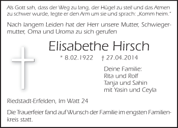 Traueranzeige von Elisabethe Hirsch von Rüsselsheimer Echo, Groß-Gerauer-Echo, Ried Echo