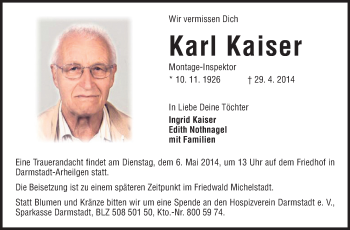 Traueranzeige von Karl Kaiser von Echo-Zeitungen (Gesamtausgabe)