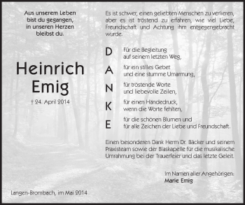 Traueranzeige von Heinrich Emig von Odenwälder Echo