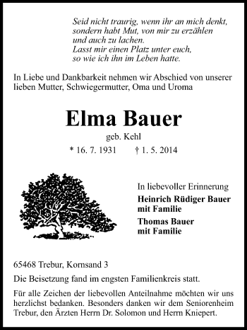 Traueranzeige von Elma Bauer von Rüsselsheimer Echo, Groß-Gerauer-Echo, Ried Echo