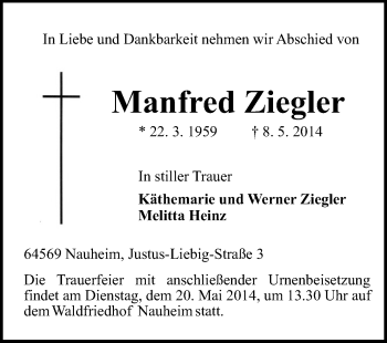 Traueranzeige von Manfred Ziegler von Rüsselsheimer Echo, Groß-Gerauer-Echo, Ried Echo