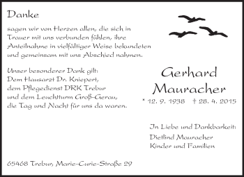 Traueranzeige von Gerhard Mauracher von Rüsselsheimer Echo, Groß-Gerauer-Echo, Ried Echo