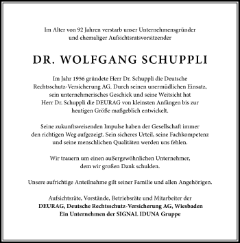 Traueranzeige von Wolfgang Schuppli von  WI-komplett