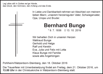 Traueranzeige von Bernhard Bunge von  Gießener Anzeiger