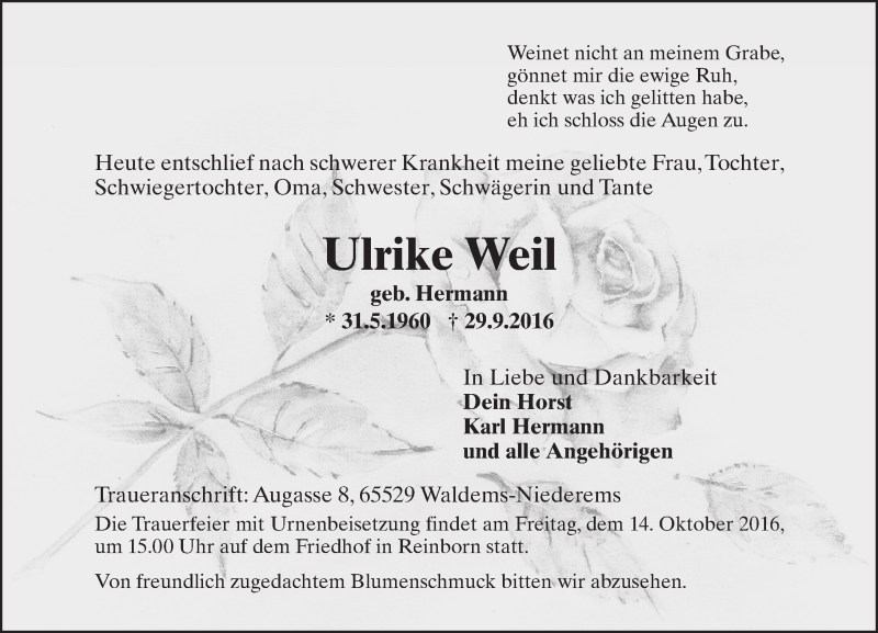  Traueranzeige für Ulrike Weil vom 06.10.2016 aus Trauerportal Rhein Main Presse