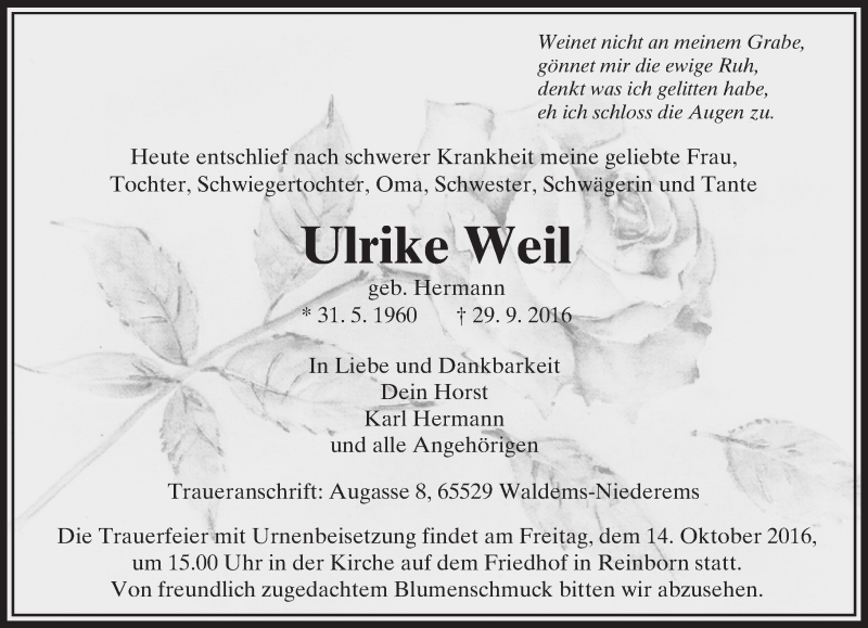  Traueranzeige für Ulrike Weil vom 06.10.2016 aus  Camberger Anzeiger