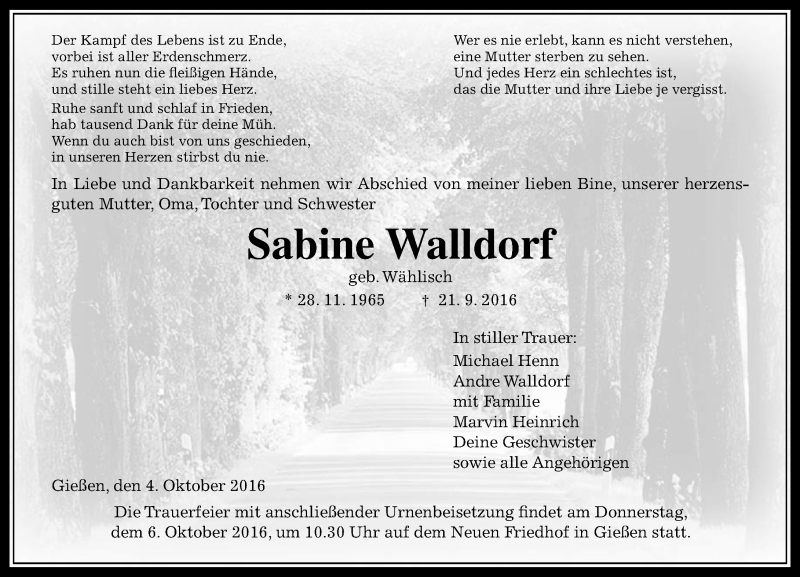  Traueranzeige für Sabine Walldorf vom 04.10.2016 aus  Gießener Anzeiger
