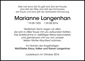 Traueranzeige von Marianne Langenhan von  Lauterbacher Anzeiger