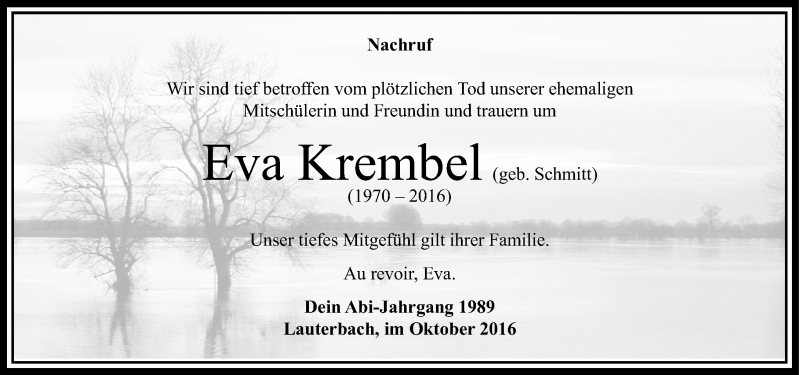  Traueranzeige für Eva Krembel vom 08.11.2016 aus  Lauterbacher Anzeiger