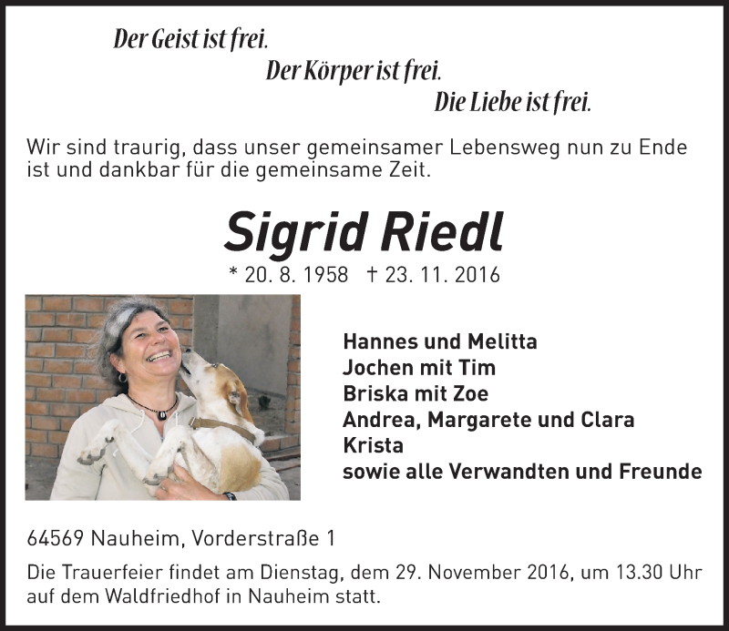  Traueranzeige für Sigrid Riedl vom 26.11.2016 aus Trauerportal Rhein Main Presse
