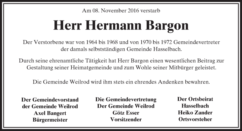  Traueranzeige für Hermann Bargon vom 26.11.2016 aus  Usinger Anzeiger