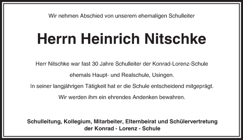  Traueranzeige für Heinrich Nitschke vom 21.12.2016 aus  Usinger Anzeiger