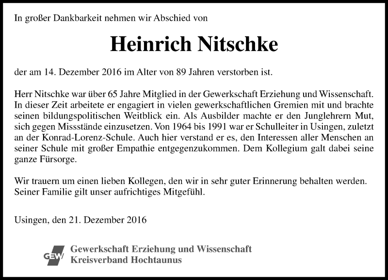  Traueranzeige für Heinrich Nitschke vom 24.12.2016 aus  Usinger Anzeiger