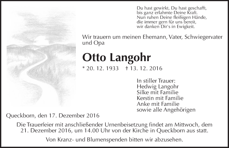  Traueranzeige für Otto Langohr vom 17.12.2016 aus  Gießener Anzeiger