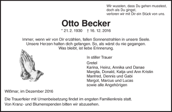 Traueranzeige von Otto Becker von  Gießener Anzeiger