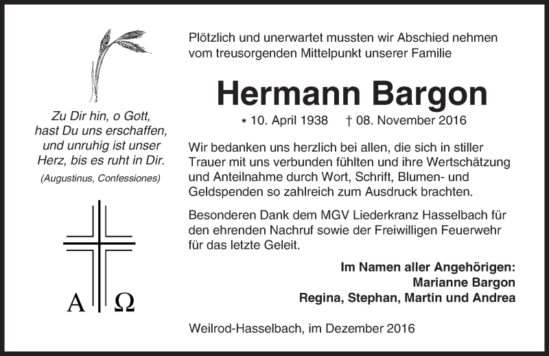  Traueranzeige für Hermann Bargon vom 01.12.2016 aus  Camberger Anzeiger