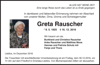 Traueranzeige von Greta Rauscher von  Gelnhäuser Tageblatt
