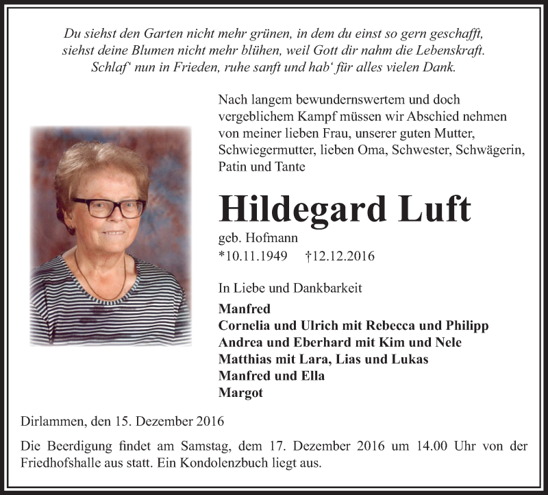  Traueranzeige für Hildegard Luft vom 15.12.2016 aus  Lauterbacher Anzeiger