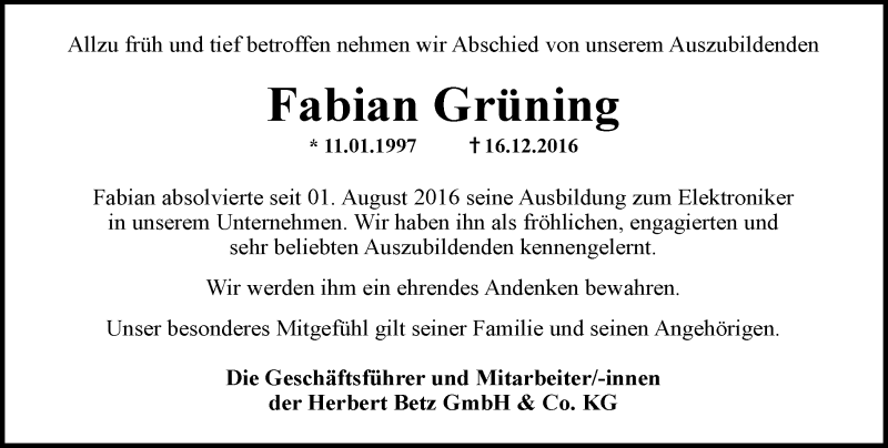  Traueranzeige für Fabian Grüning vom 23.12.2016 aus  Kreisanzeiger