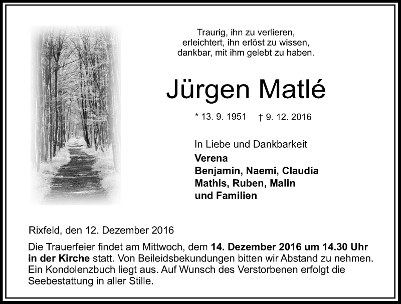  Traueranzeige für Jürgen Matlé vom 12.12.2016 aus VRM Trauer