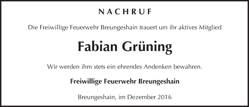  Traueranzeige für Fabian Grüning vom 22.12.2016 aus  Kreisanzeiger