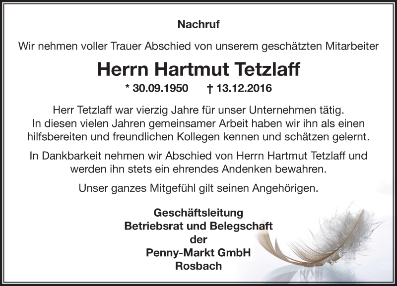  Traueranzeige für Hartmut Tetzlaff vom 30.12.2016 aus  Gelnhäuser Tageblatt
