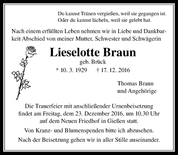 Traueranzeige von Lieselotte Braun von  Gießener Anzeiger