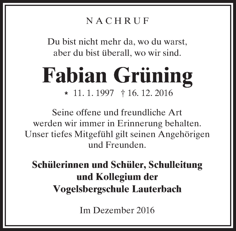 Traueranzeige für Fabian Grüning vom 22.12.2016 aus  Lauterbacher Anzeiger