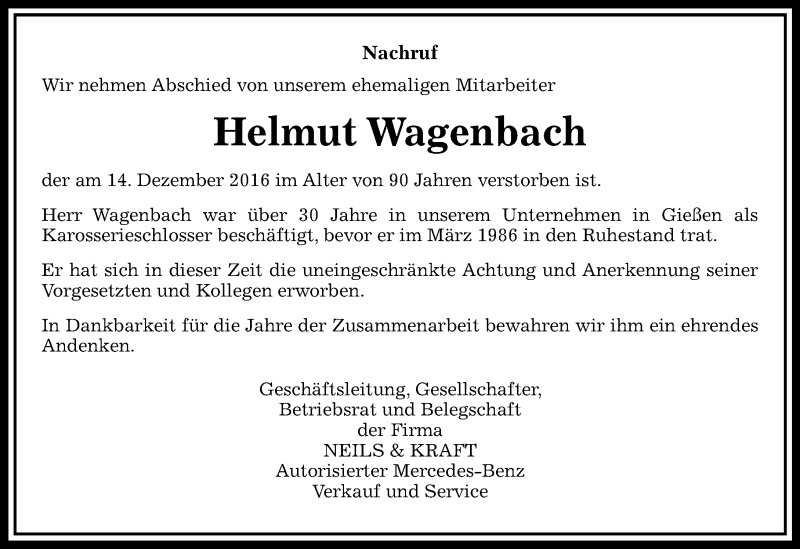  Traueranzeige für Helmut Wagenbach vom 22.12.2016 aus  Gießener Anzeiger