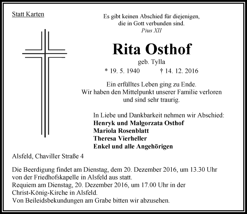  Traueranzeige für Rita Osthof vom 17.12.2016 aus  Oberhessische Zeitung