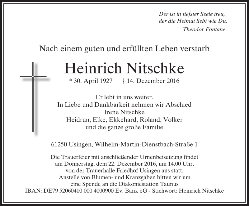  Traueranzeige für Heinrich Nitschke vom 17.12.2016 aus  Usinger Anzeiger