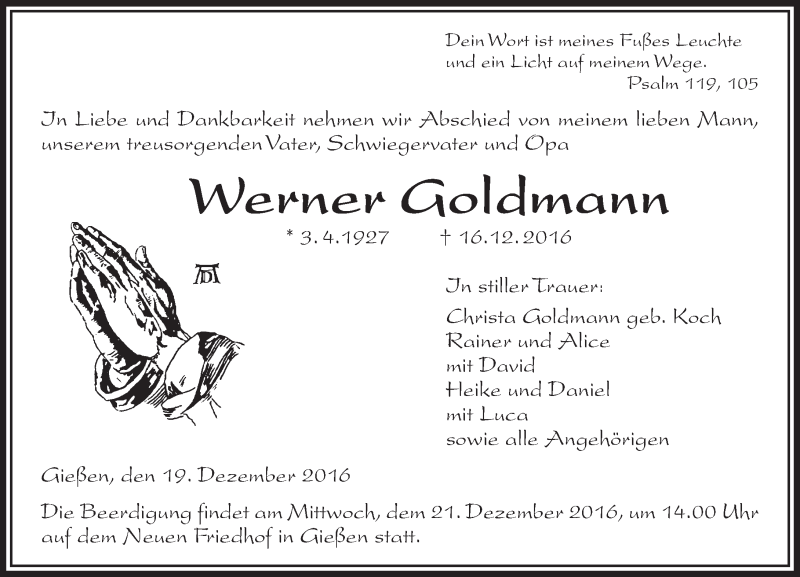  Traueranzeige für Werner Goldmann vom 19.12.2016 aus  Gießener Anzeiger