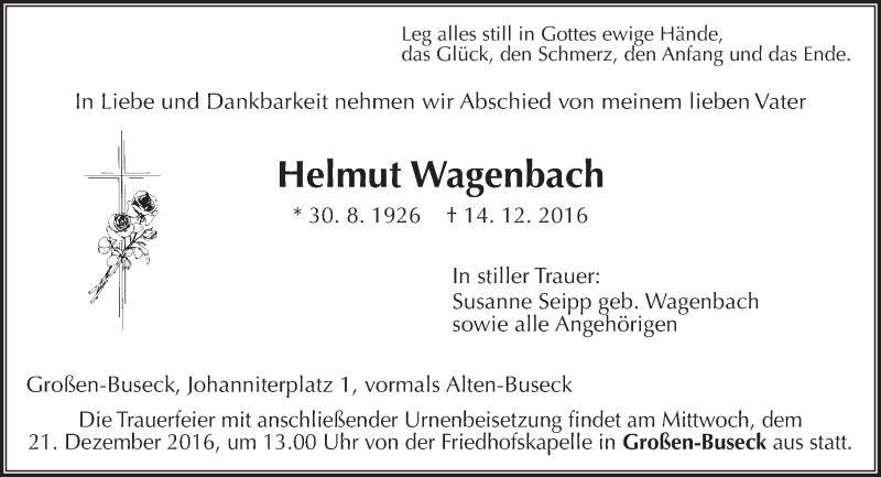  Traueranzeige für Helmut Wagenbach vom 17.12.2016 aus  Gießener Anzeiger