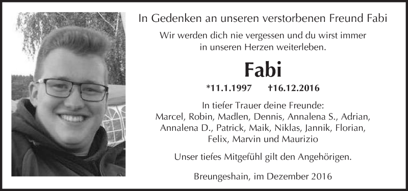  Traueranzeige für Fabian Grüning vom 22.12.2016 aus  Kreisanzeiger