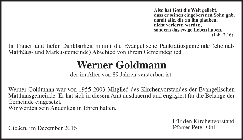  Traueranzeige für Werner Goldmann vom 21.12.2016 aus  Gießener Anzeiger