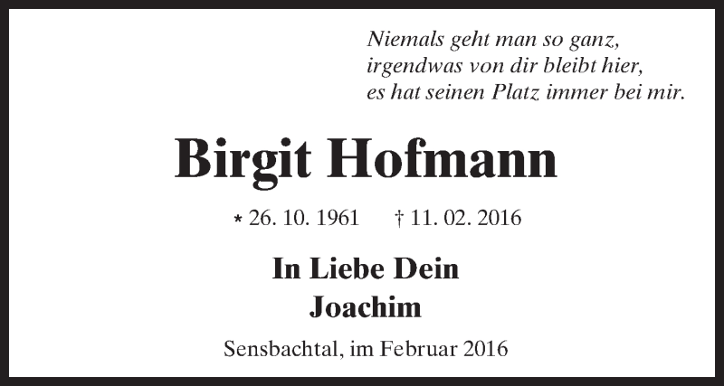  Traueranzeige für Birgit Hofmann vom 17.02.2016 aus trauer.echo-online.de