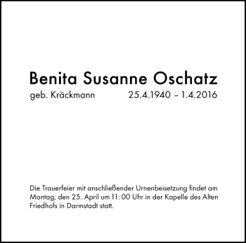 Traueranzeige von Benita Susanne Oschatz von trauer.echo-online.de