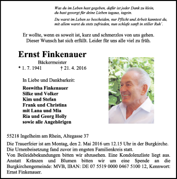 Traueranzeige von Ernst Finkenauer von  Allgemeine  Zeitung Ingelheim-Bingen