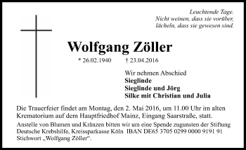Traueranzeige von Wolfgang Zöller von  Allgemeine Zeitung Mainz
