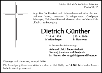 Traueranzeige von Dietrich Günther von  Kreisanzeiger