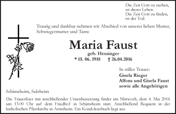 Traueranzeige von Maria Faust von  Allgemeine Zeitung Alzey