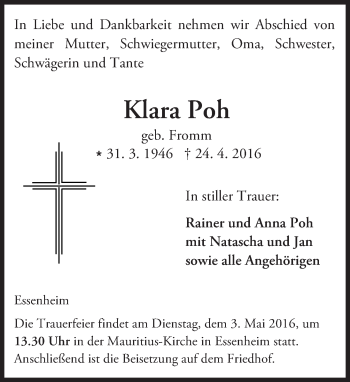 Traueranzeige von Klara Poh von  Allgemeine Zeitung Mainz